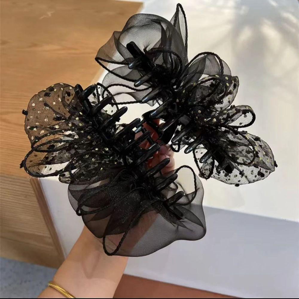 Double-sided Bow Hair Claw Dots Mesh Ponytail Clip Elegant Bow Shark Clip  Lady