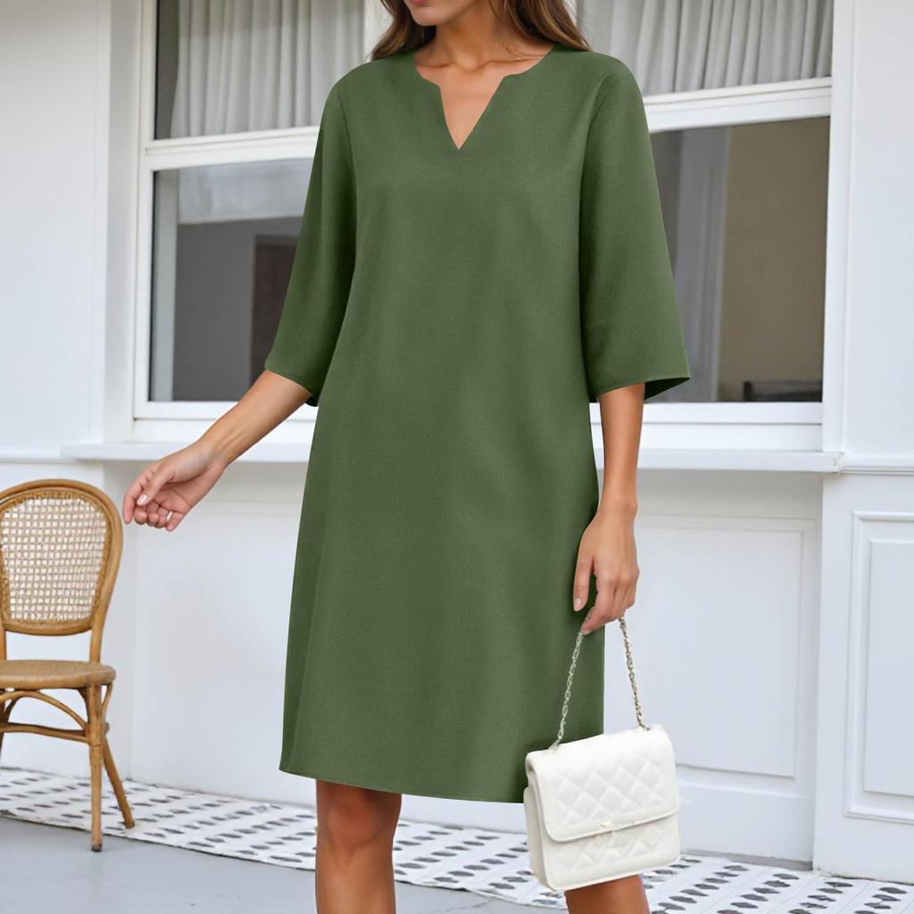 Women's Fashion -Color Dress 3/4 Sleeves V Neck Dress