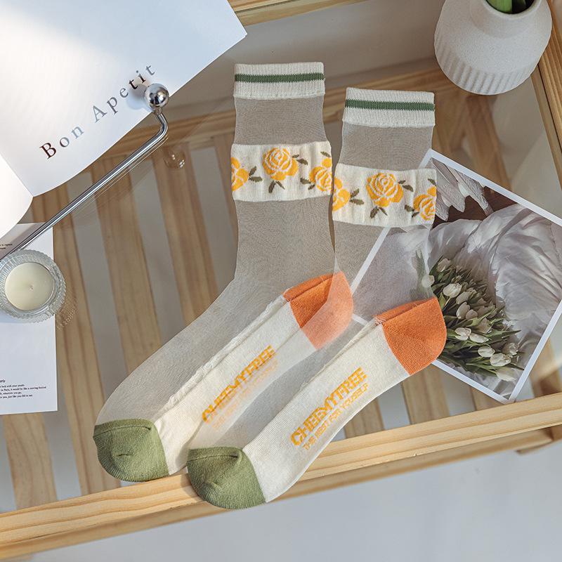 Spring/Summer Ultra Thin Vintage Crystal Silk Stockings for Women Socks for Women Mid-tube Stockings Breathable Cotton Sole Glass Silk Stockings