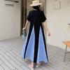 Casual Contrasting Colors Long Dress Summer Fashion Plaid Patchwork Women's Clothing Loose O-Neck Oversized Short Sleeve Dresses