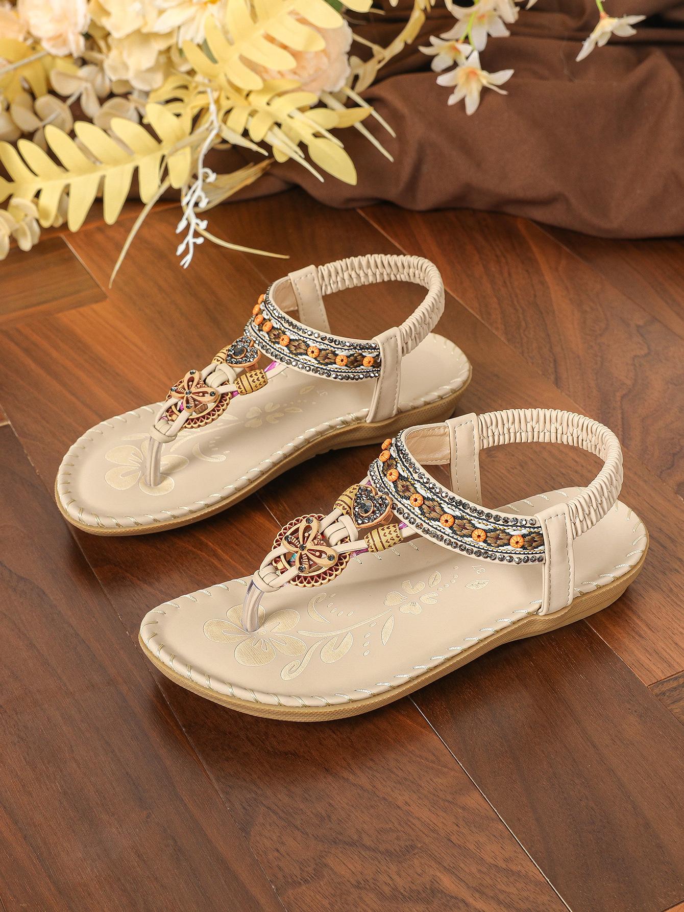 

2025 летние новые бохо-босоножки женские большого размера со стразами сандалии на плоской подошве с цветочным носком женские 41 абрикосовый