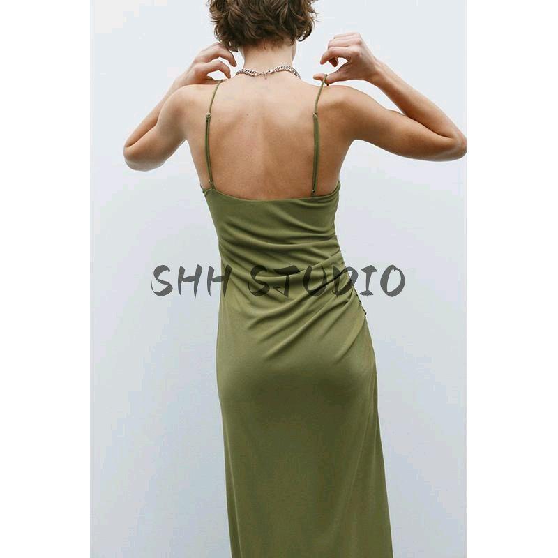 Spring New Women's Clothing French Style Casual V-neck Ruched Decorative Midi Skirt Sleeveless Sling Dress 2158262