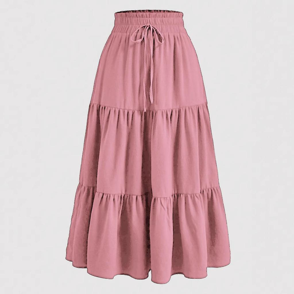 Kadın Modası Düz Renk Çiçekli Bağcıklı Elastik Bel Bol Uzun Etek