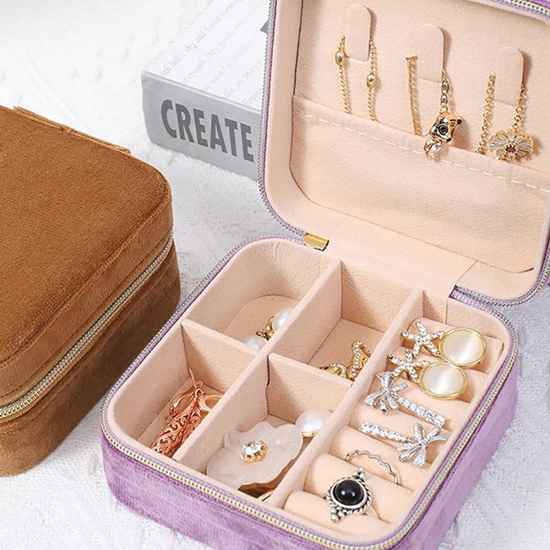 Velvet Jewelry Box Travel Portable Flannel Square Zipper Style Jewellery Storage Case  Gift Holder Ring Earring Holder