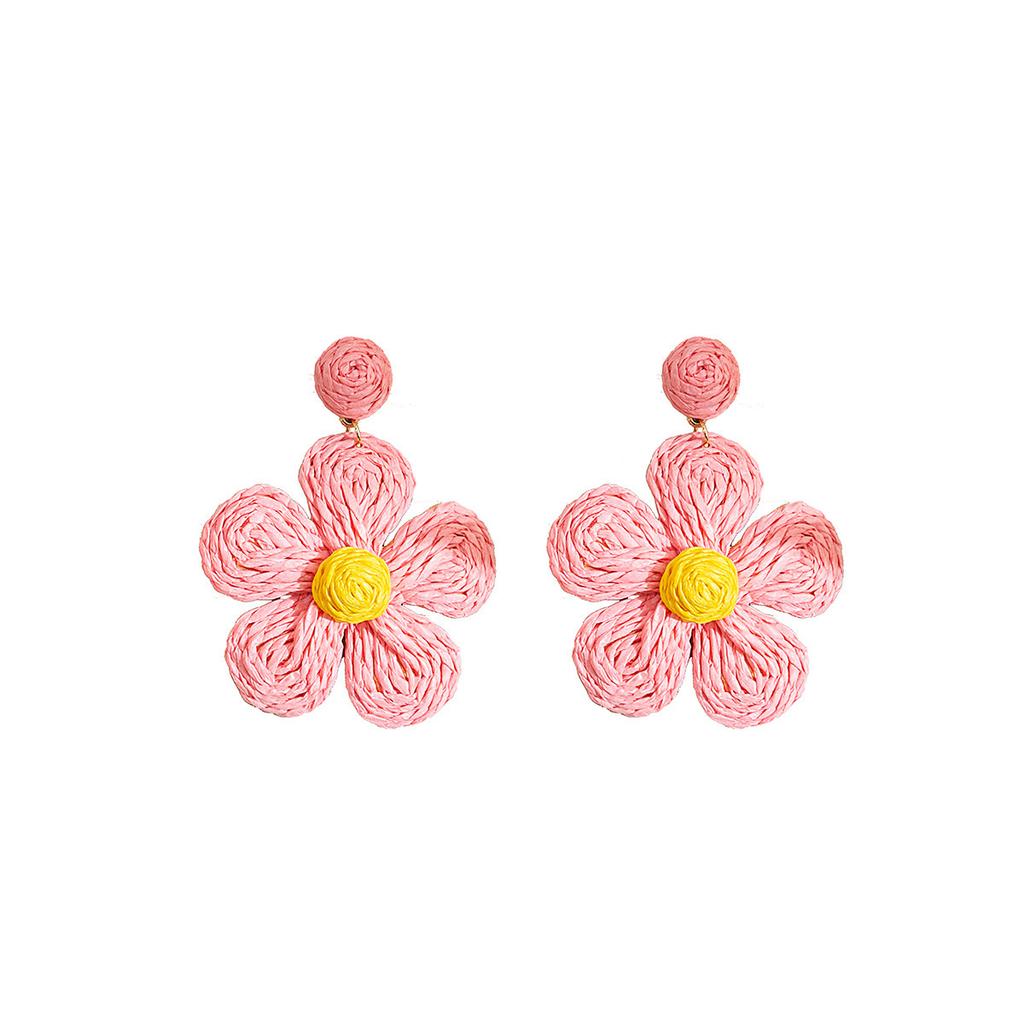 Hand-Woven Raffia Earrings Cute Solid Color Flower Earrings Vacation Style Candy Color Earrings