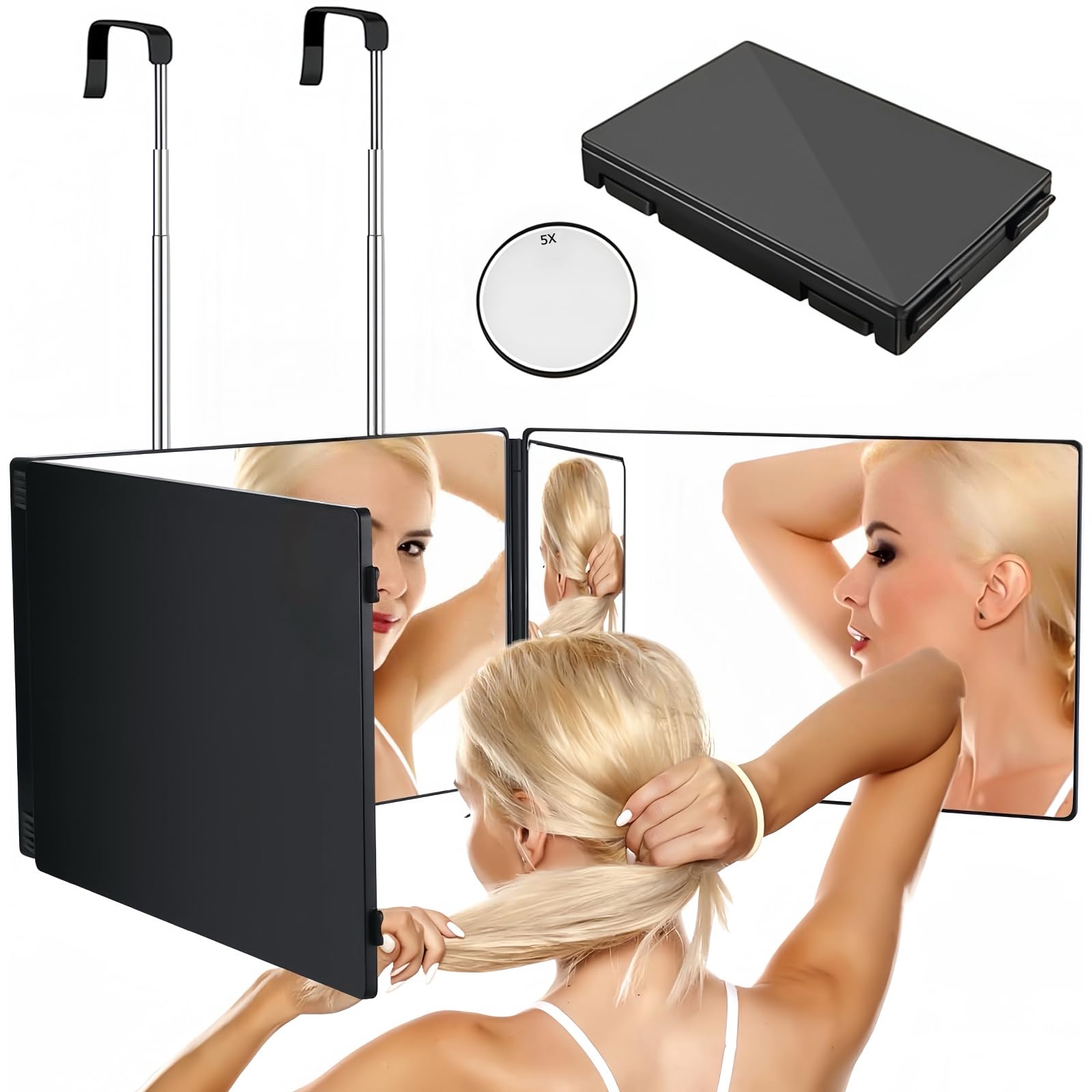 

TongWey высота угол видимый макияж складной широкоугольный HD зеркало видимая задняя часть 5-кратного увеличения в комплекте 3-стороннее зеркало, саморежущее, регулируемое, чёрный