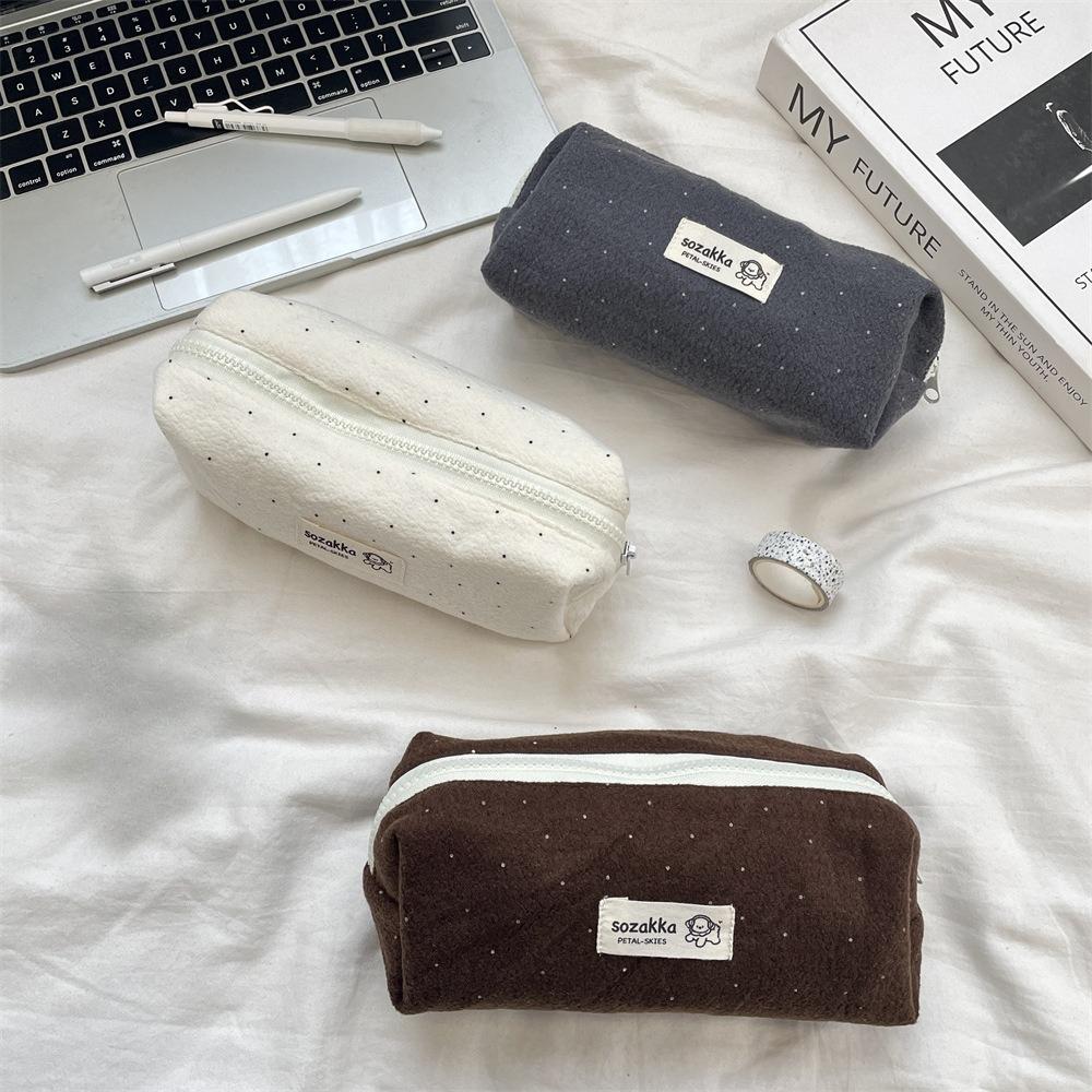 Woolen Korean-style Polka Dot Pen Case  Ins Stationery  Large Capacity  High Appearance Level Small Student Miscellaneous Storage Bag