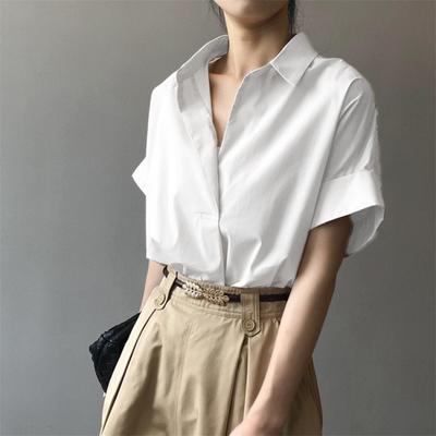Yousheng Camicia Estiva da Donna con Rever Manica Corta Tinta Unita Pullover Top Vestibilità Ampia Sottile Camicia da Ufficio Lavoro