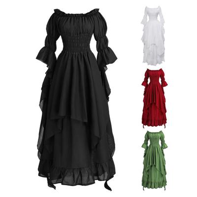 Damen Ballkleid Schulterfrei Gothic Lange Hornärmel Unregelmäßig Gestuft Plissiert
