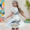 Girls Round Neck Flutter Sleeve White Gray Beige Printed A Line Flared Dress
