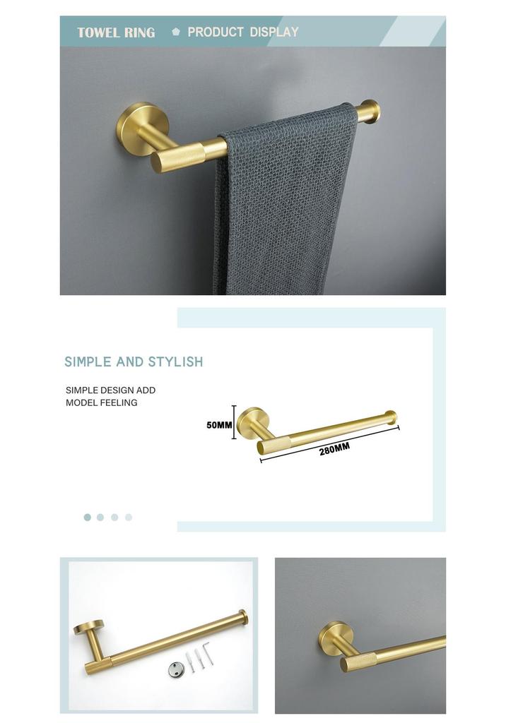 Brushed Gold 304 Stainless Steel Bathroom Set: Knurled Towel Rack, Towel Bar, Paper Holder, and Coat Hook