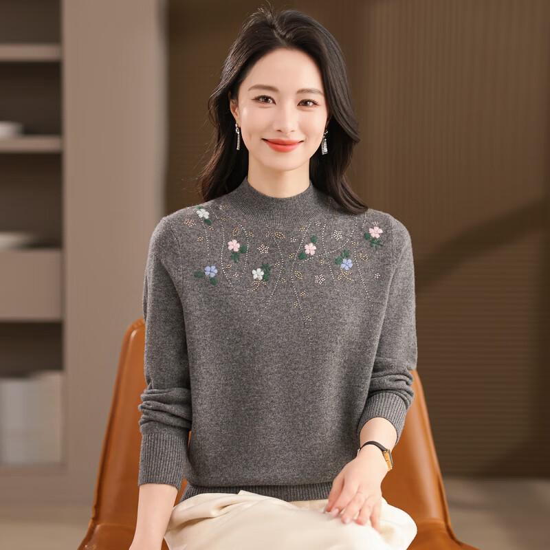 Fengxiao Women's 100% Wool Mock Neck Embroidered Sweater
