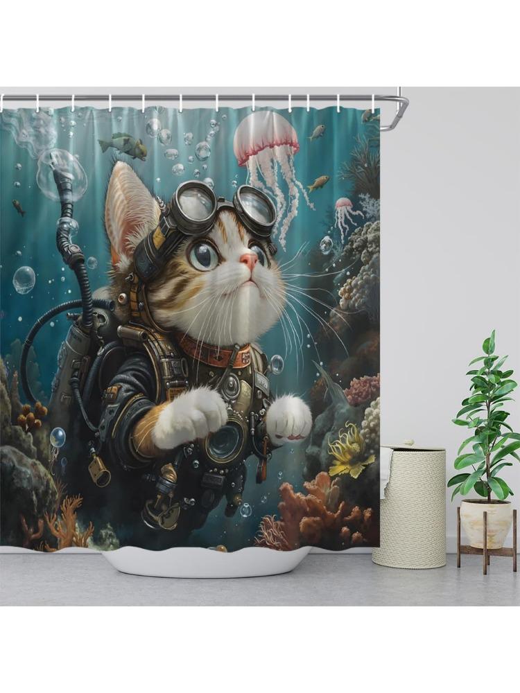 

Funny Cat Shower Curtain Swimming In The Ocean Pool Cute Creative Diving Kitty Teal Blue Sea Coral Fish Jellyfish Sealife Cloth W60H190(CM)-1 Pcs