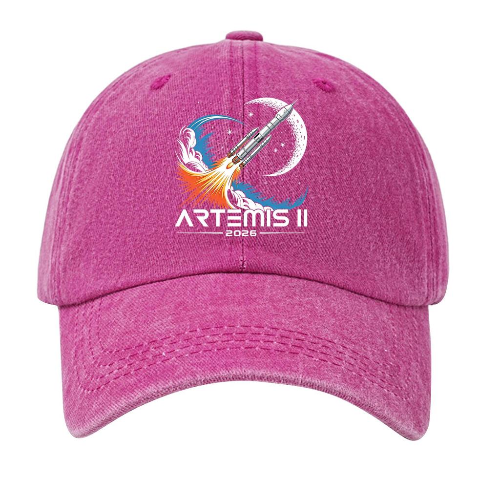 Washed Cotton Baseball Cap Vintage Style Soft Top Denim Hat with Printed Rocket and Moon Design Adjustable Closure for Casual Wear