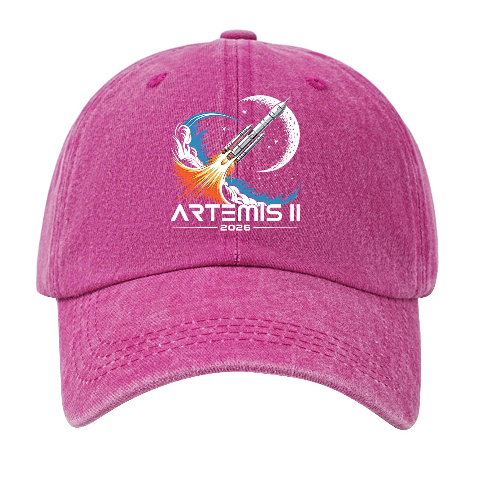 

Washed Cotton Baseball Cap Vintage Style Soft Top Denim Hat with Printed Rocket and Moon Design Adjustable Closure for Casual Wear One Size