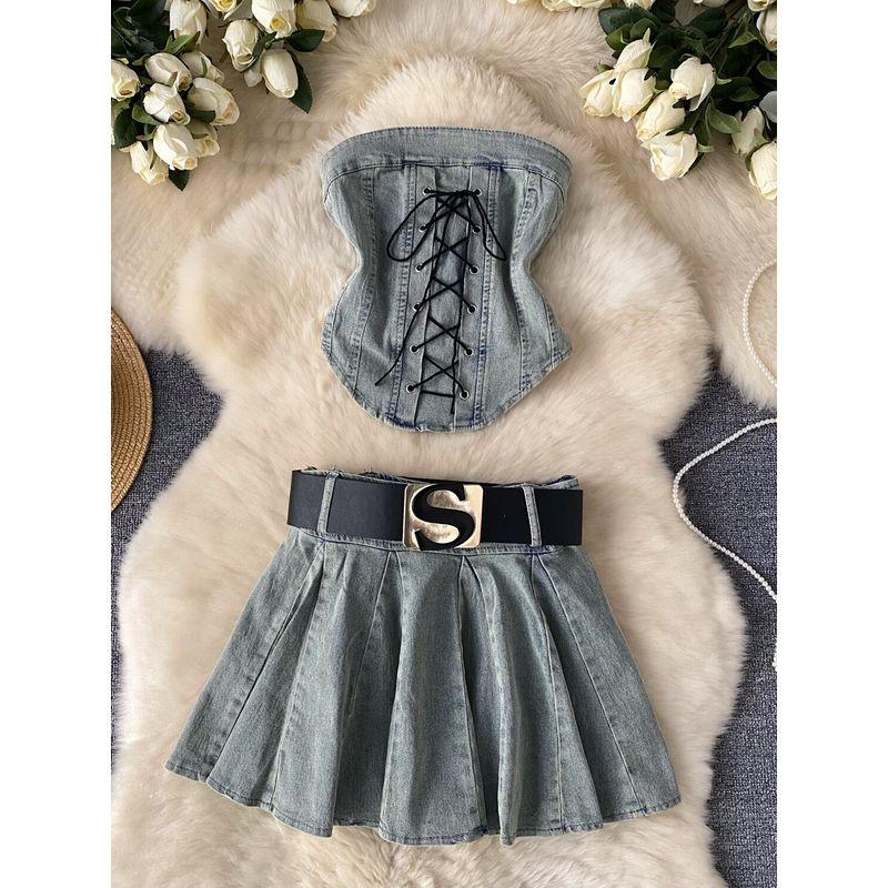 Hot Stylish Lace-up Waist-Controlled Asymmetrical Tube Top Vest Two-Piece Set Women's Dress with Belt Denim Skirt
