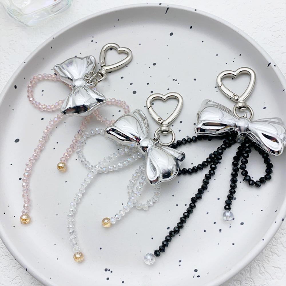 Y2K Korean Cute Beaded Pearl Bowknot Keychain for Women Girls Metal Bow Pendant Bag Decoration Car Interior Decor Accessories
