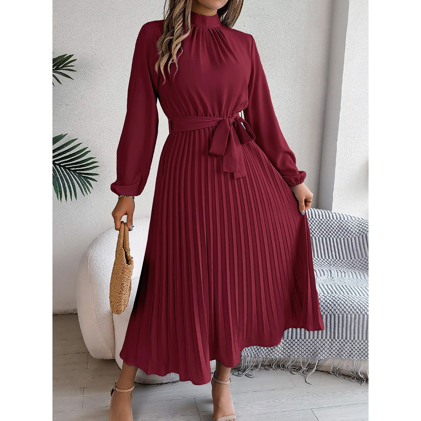 

HNXC Autumn and Winter Elegant Stand-up Collar, Long-sleeved, Cinched Waist, Pleated Long Dress and Cocktail Dress Women s Wear XL бордовый
