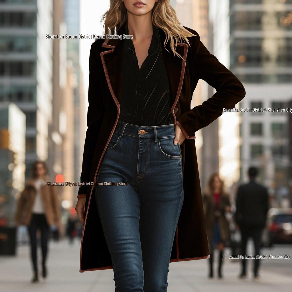 European Mid-length Velvet Trench Coat - 2025 Autumn/Winter Fashion, Elegant Women's Jacket
