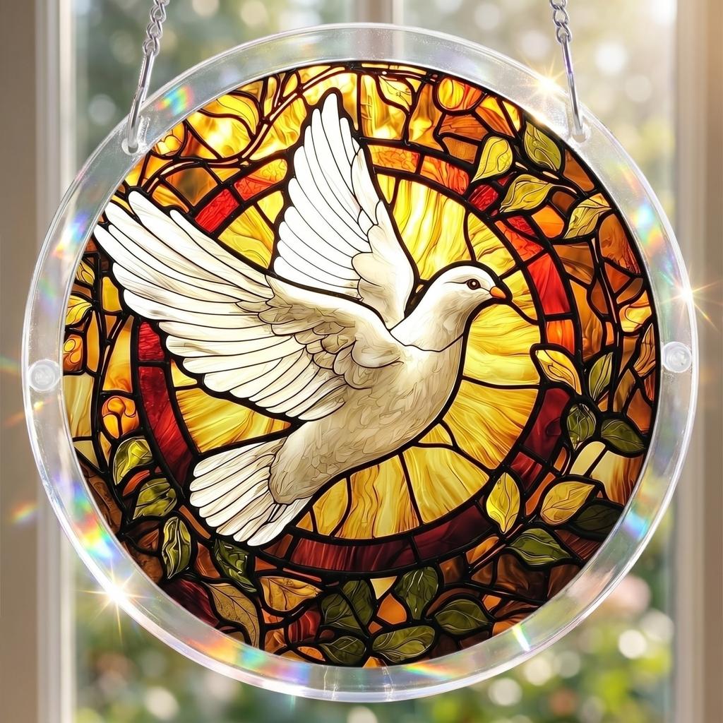 Round Hanging Stained Glass Panel with Butterfly and Floral Pattern for Window or Wall Decoration Indoor Outdoor Use