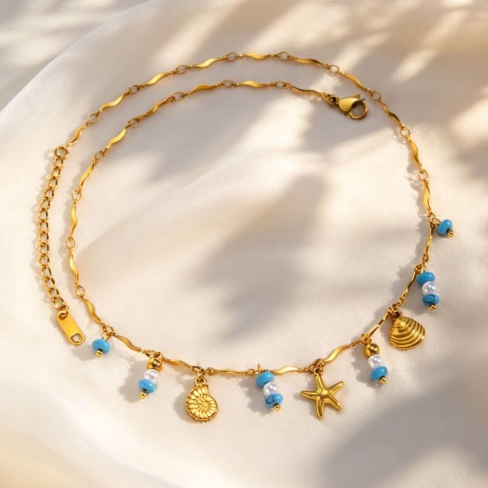 Blue Natural Stone Shell Conch Pearl Pendant Necklace for Women, Stainless Steel Fashion Ocean Style Neck Chain Jewelry