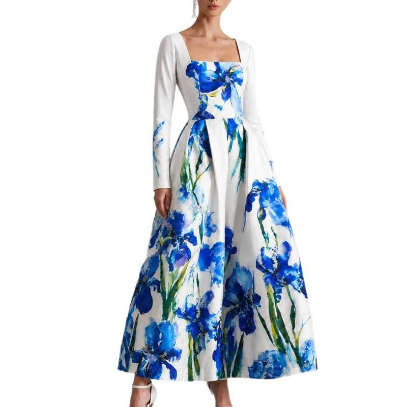 European and American style summer new long-sleeved blue and white porcelain printing long dress dress long dress