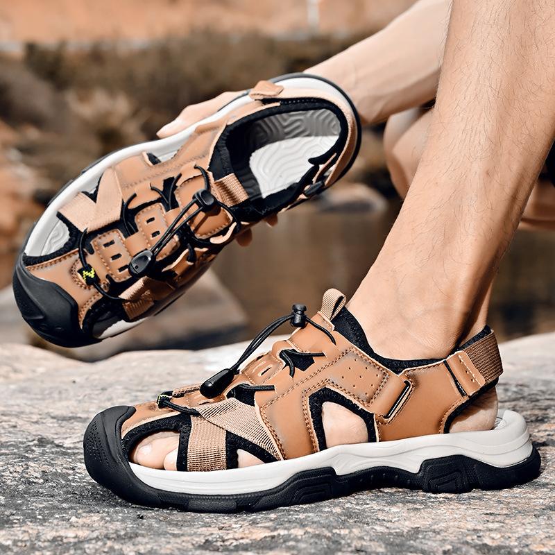 2024 summer new bag head sandals cowhide large size thick-soled breathable outdoor beach shoes trendy casual men's shoes