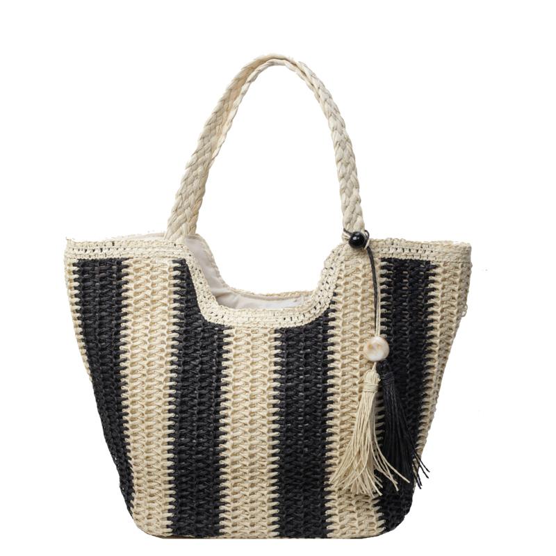 Straw Tote Bag for Women Summer Beach Handbag with Tassel Decor Fashion Casual Carryall чёрный 1590₽
