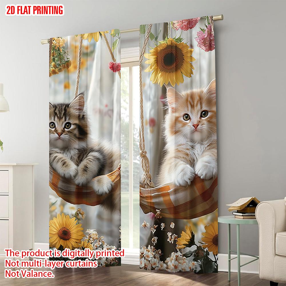 2pcs  2D plane printing Minimalist Curtains Funny Animal Cat Polyester (without rod) Room Decor Use for Living Room & Office