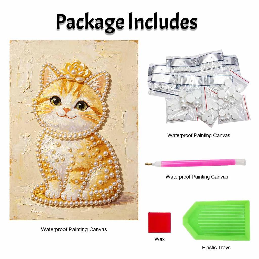 DIY Frameless Pearl Painting Kit Cute Cat 3D Shiny Bead Art Canvas Relaxing Creative Craft for Home Wall Decor Gift