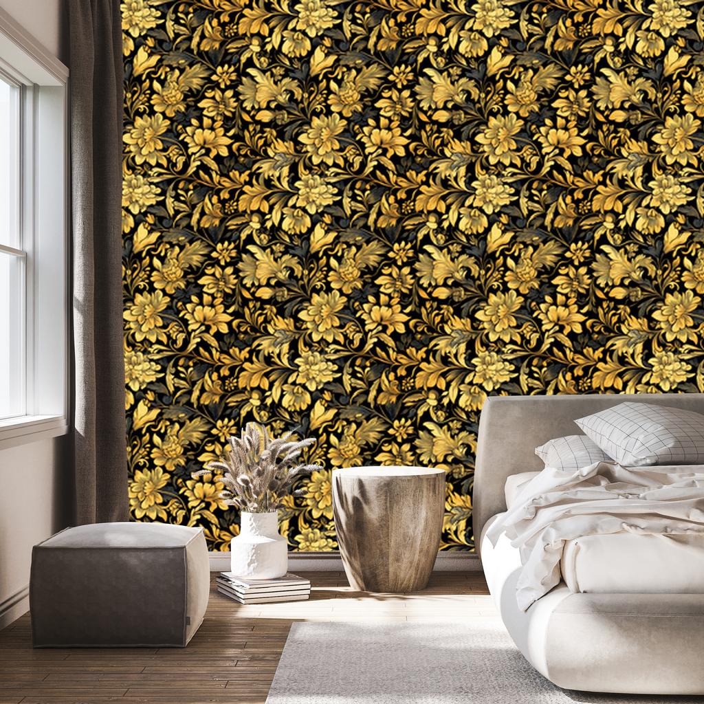 Golden Hibiscus Ochre Wallpaper, Fine Detail for Living Room and Bedroom 50x1000