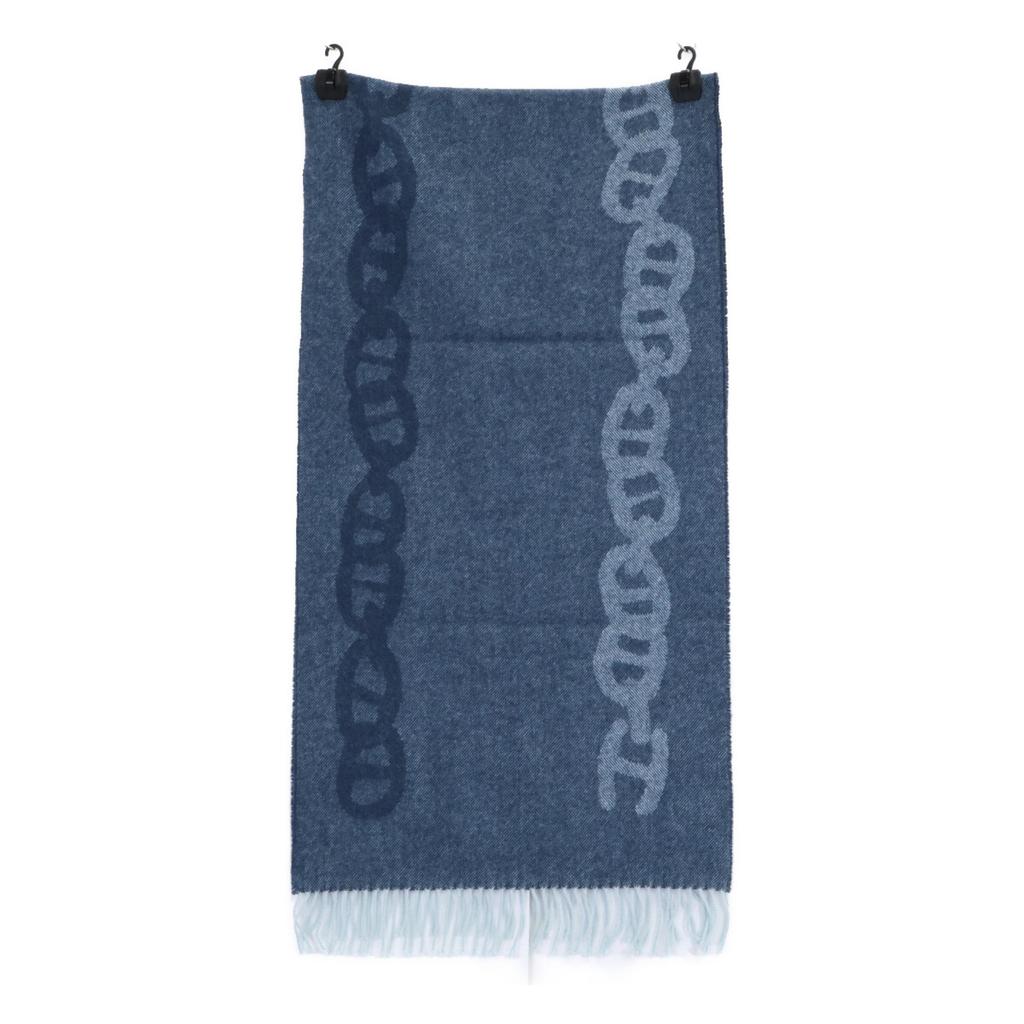 HERMES Logo Embroidery Crazy Chain Cashmere Fringe Scarf blueUsed