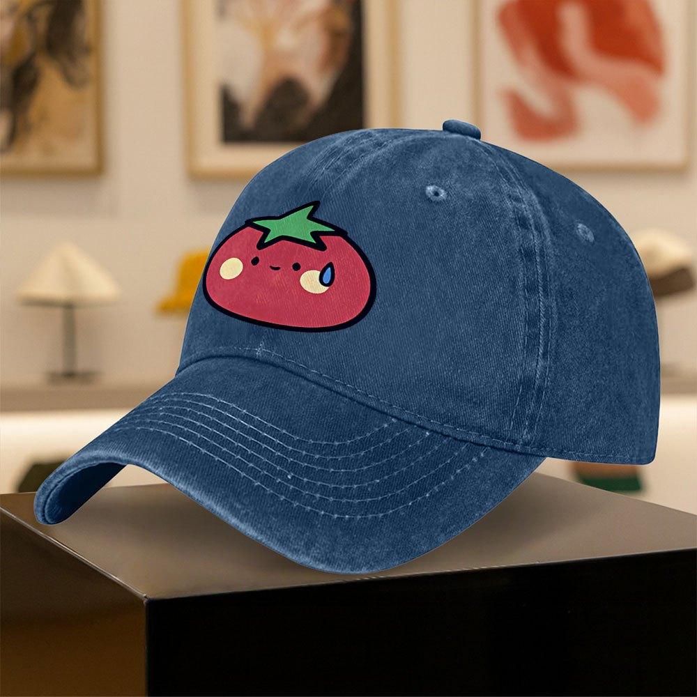 Vintage Washed Baseball Cap with Cute Tomato Sweat Drop Print  Unisex Outdoor Sports Daily Wear