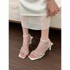 Premium open-toed white rhinestone one-word with high-heeled sandals women's summer square-head stilettos