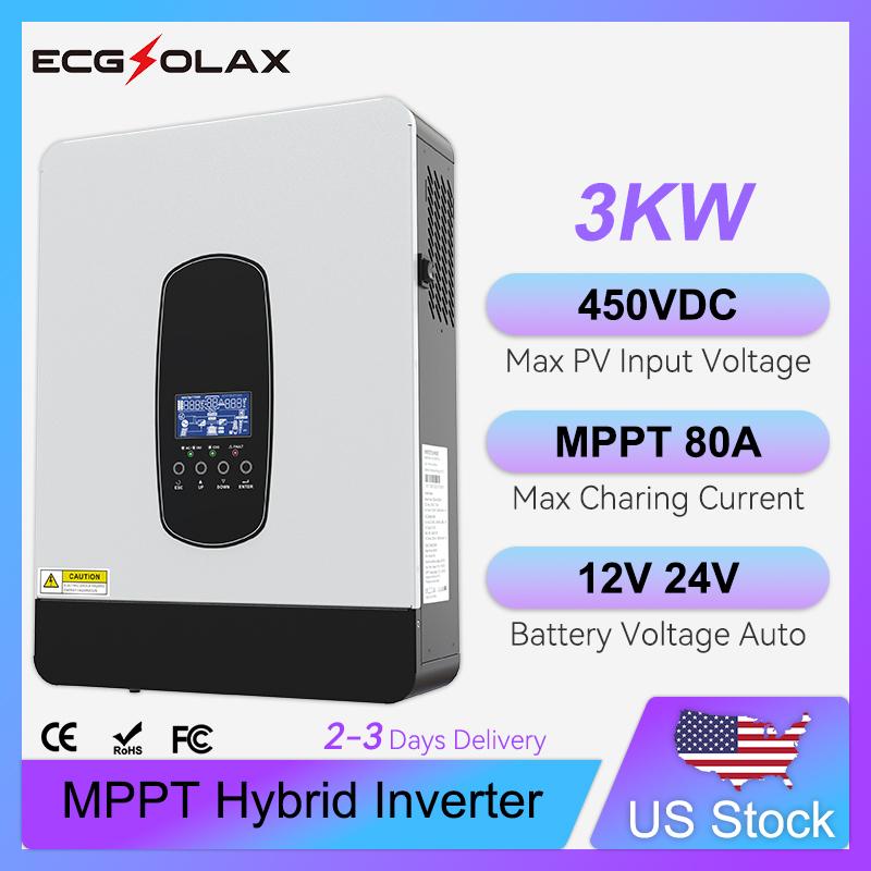 Invertor Solar Hibrid ECGSOLAX 3KW 24V 220Vac Invertor Solar cu Undă Sinusoidală Pură Cu Controller Încărcător MPPT 80A Max PV 450VDC