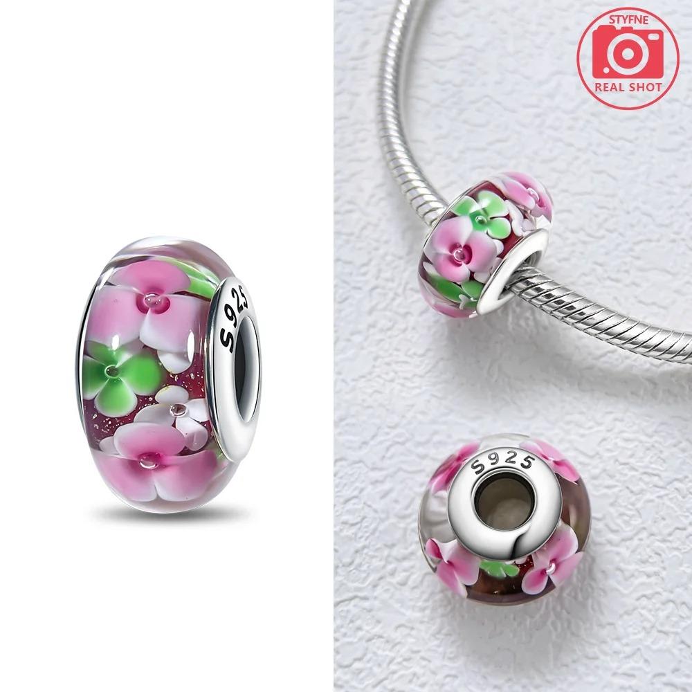 Original Rosa Glasperlen Blaue Romantische Perlen 925 Silber Charms für Frauen DIY Schmuckherstellung Armband Passend