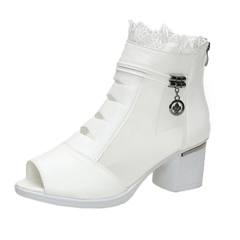 Sexy breathable fish mouth cool boots fashion thick heel women's spring summer new middle heel fashion mesh sandals