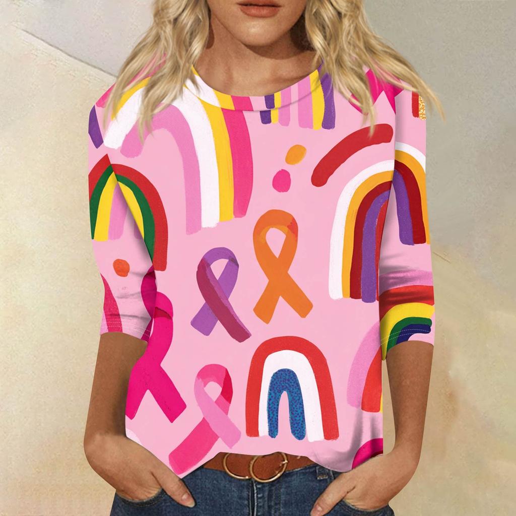 Women's Fashion Casual Seven Split Sleeve Printed Loose Round Neck Top
