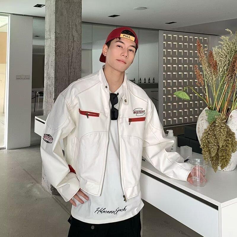American high street retro PU leather jacket locomotive clothing men's autumn design sense niche loose trendy brand ruffian handsome jacket