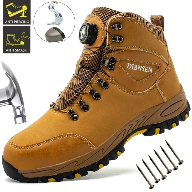 Rotating Button Pu Leather Steel Toe Safety Shoes For Men's Work Boots Easy Wear Work Construction Anti Puncture Men Botas Shoes