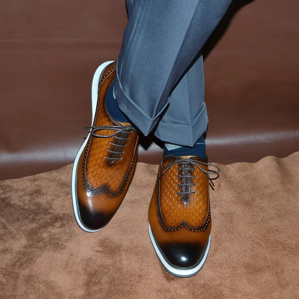 XEBOS Mens Casual Oxford Wingtip Dress Shoes Cowhide Genuine Leather Original Brand Men's Sneakers Luxury High Quality Shoes