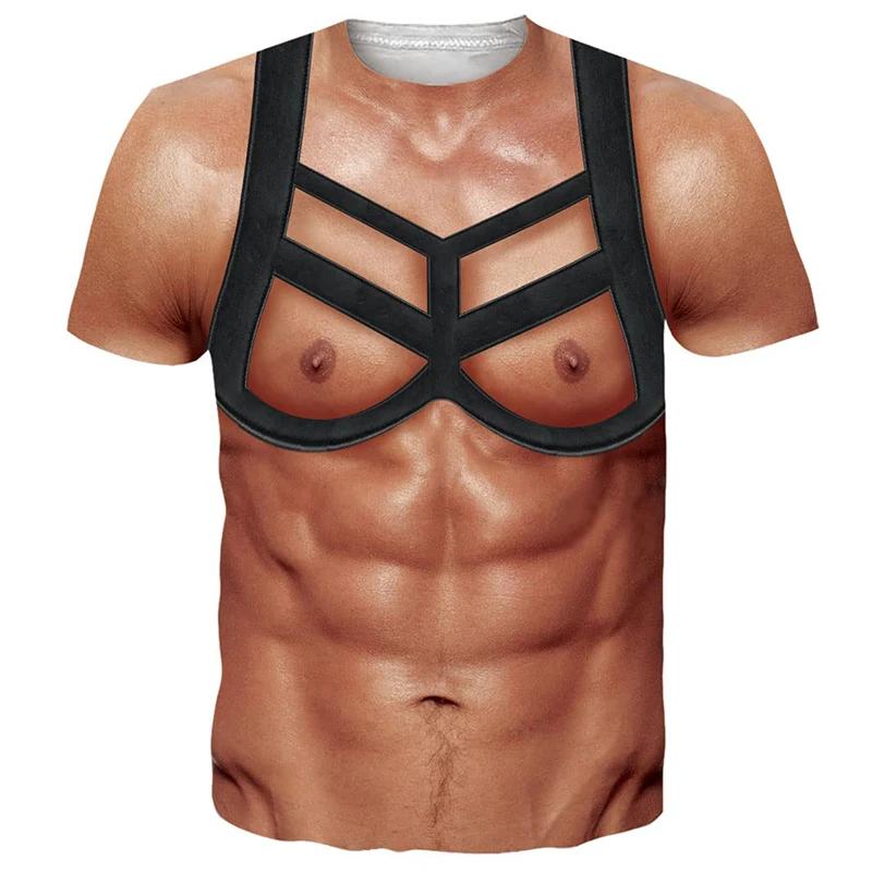 3D falešné tričko s potiskem na břiše Gymnastika Muži Letní Streetwear Trička Topy Harajuku Móda Sport Trička s krátkým rukávem