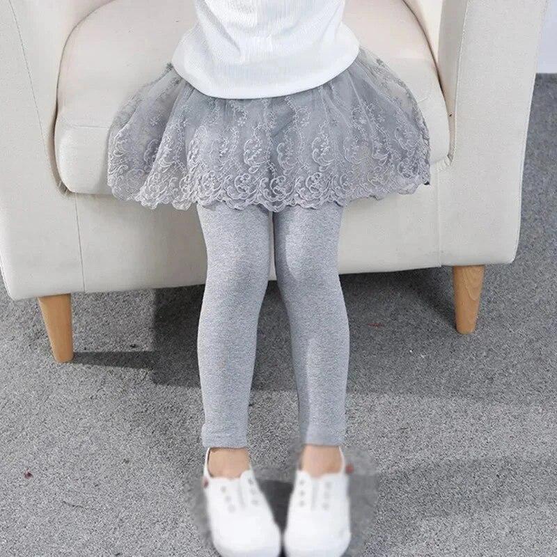 Leggings per bambine dai 2 ai 6 anni, primavera, autunno, gonna e pantaloni in pizzo, pantaloni da principessa per bambine, alla moda, rosa, grigio e nero