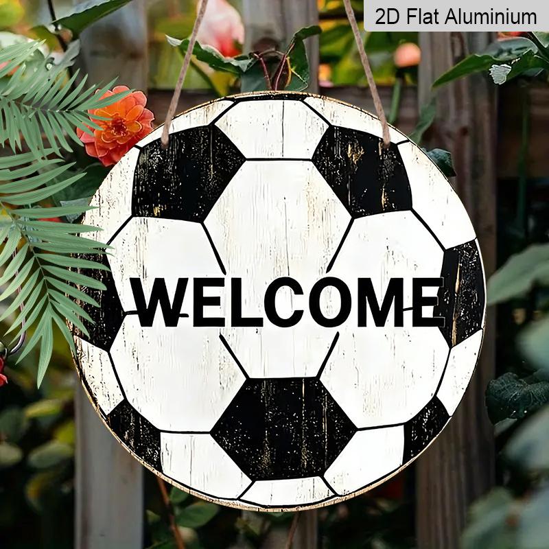 

2D Flat Aluminum 7.87 Inch X 7.87 Inch Soccer Ball Style Welcome Sign Wall Decoration, World Cup Themed. Suitable for Cafes, Living Rooms, Kitchens 1pc