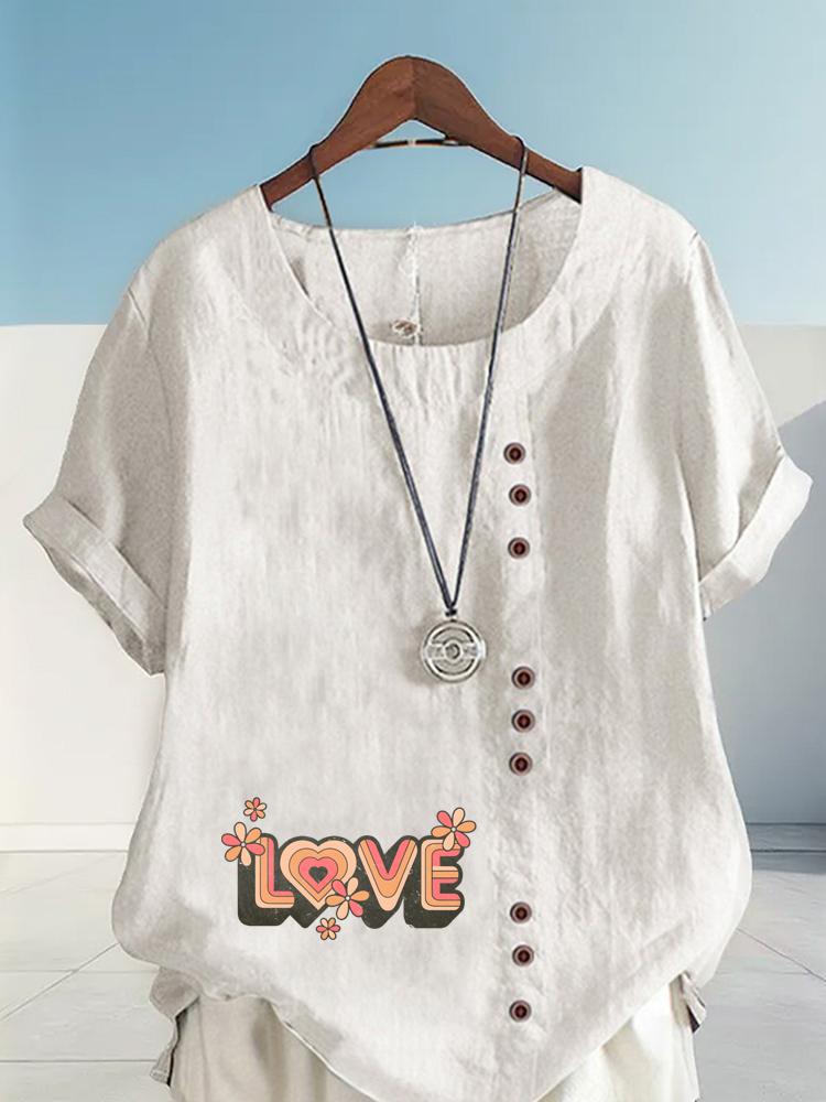 Women's Fashion Love Letters Print Casual Cotton Linen Short Sleeve Round Neck T-shirt Shirt Leisure Loose Summer Blouse Tops