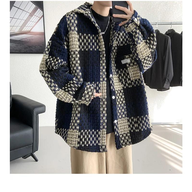 Fashion Loose Spell Color Grid Single Breasted Lapel Jacket Men's Spring Autumn Casual Jacket Pockets