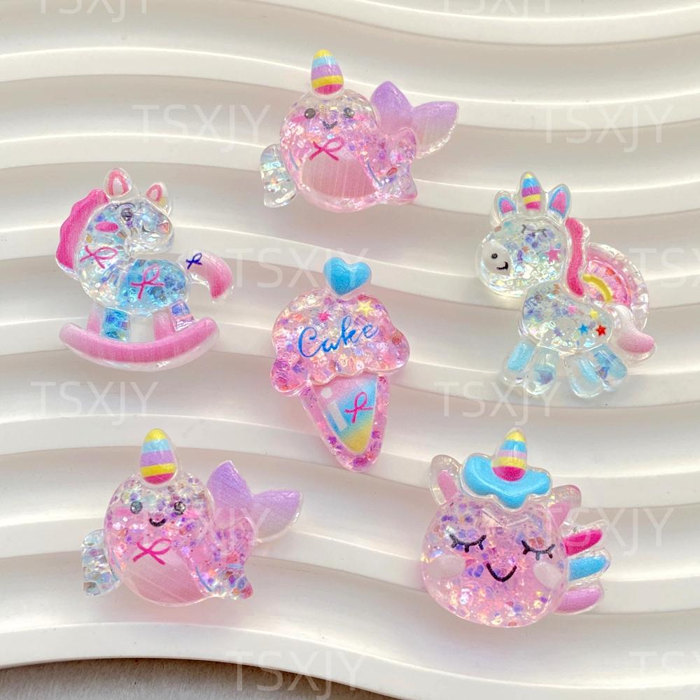 10PCS New Cartoon Colored Unicorn Horse, Ice Cream Flat Back Cabochon Stone Scrapbook DIY Decor Figurines Crafts Accessories