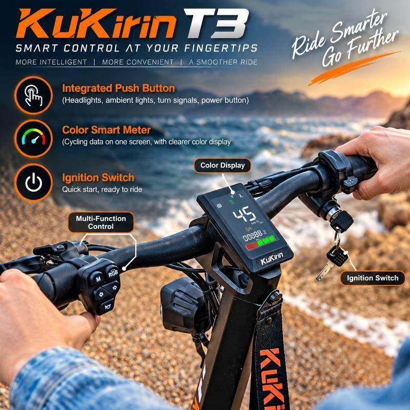 KuKirin T3 Electric Scooter for Adults, 800W Motor, 48V 15.6Ah Battery, 45KM/H Speed, 58KM Range, 10" Tubeless Tires, Foldable E-Scooter