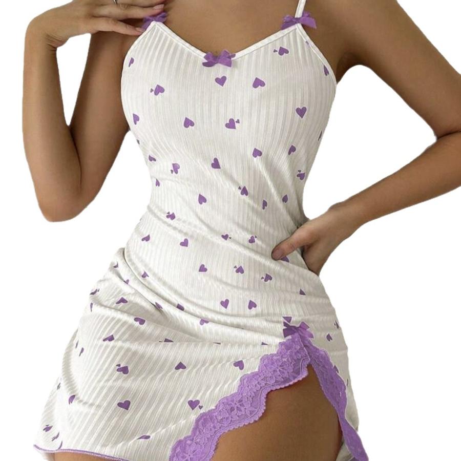 New Summer Women's Heart Printed Color Block Nightgown Home Clothes Ruffled Lace Trim Halter Dress