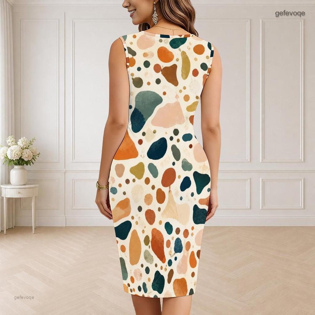 Women s Plus Size V Neck Sleeveless Geometric Printed Bodycon Midi Dress